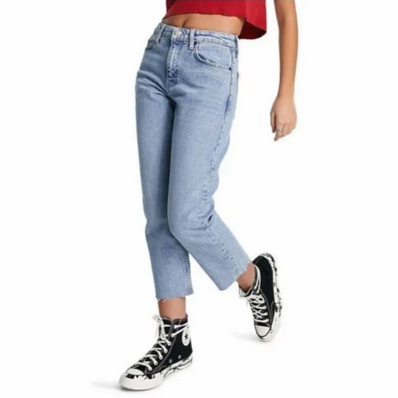 Topshop Raw Hem Crop Straight Leg Light Wash Jeans - Picture 1 of 9